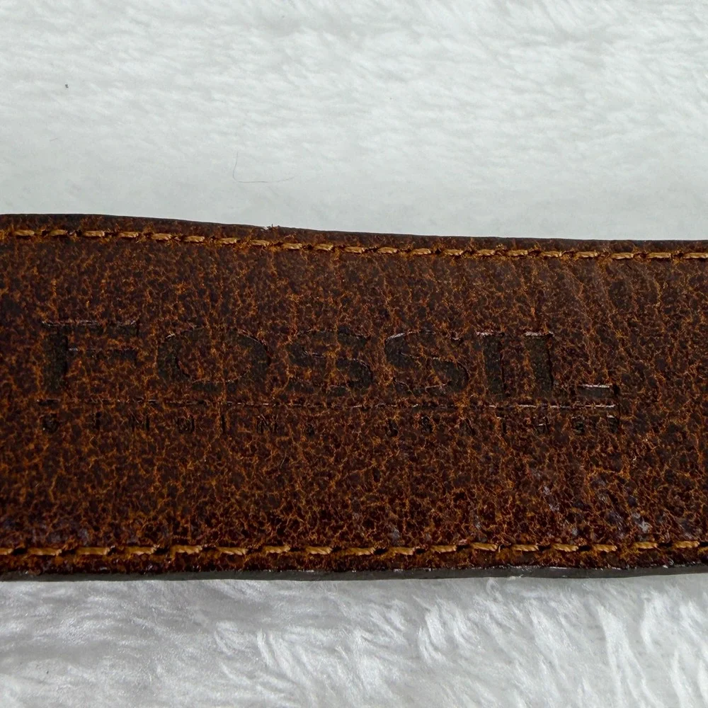 VTG Fossil Womens‎ S Brown Leather Western Concho Belt Gold Tone Filigree Buckle
